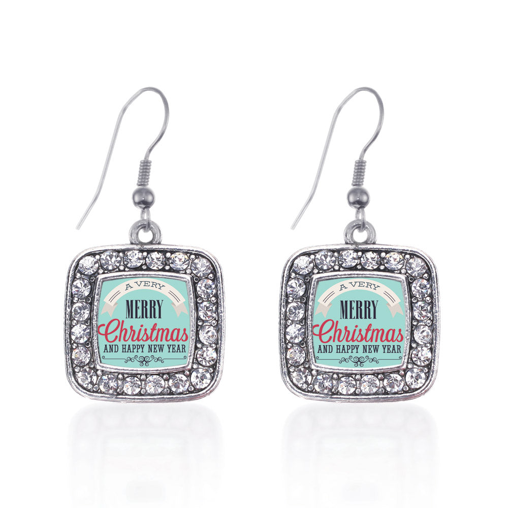 Silver Very Merry Square Charm Dangle Earrings