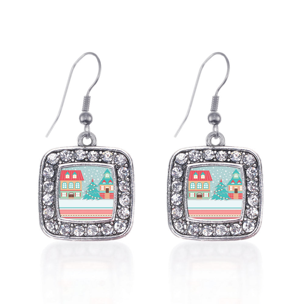 Silver Winter Wonderland Square Charm Dangle Earrings