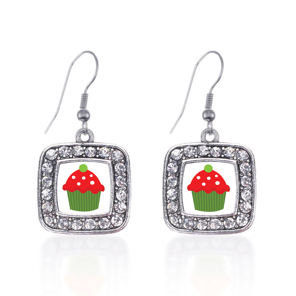 Silver Holiday Cupcake Square Charm Dangle Earrings