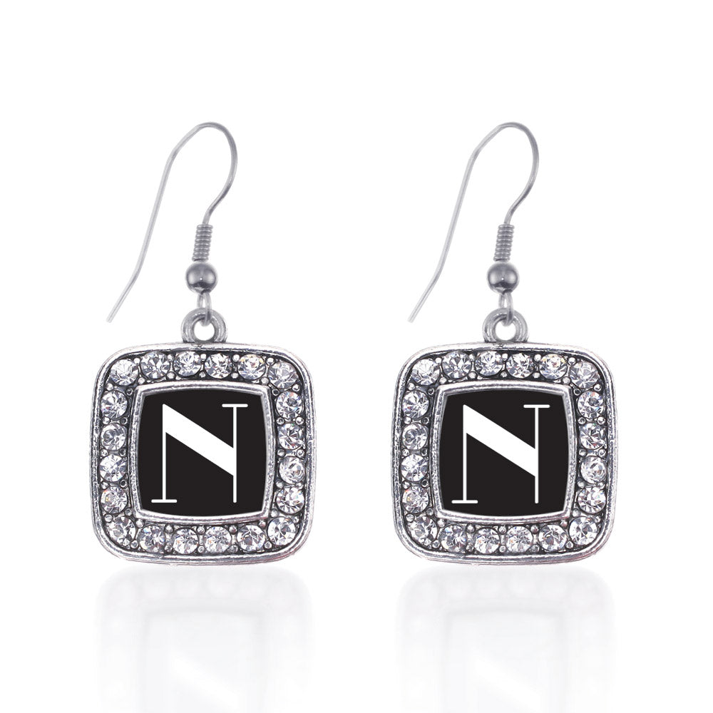 Silver My Vintage Initials - Letter N Square Charm Dangle Earrings
