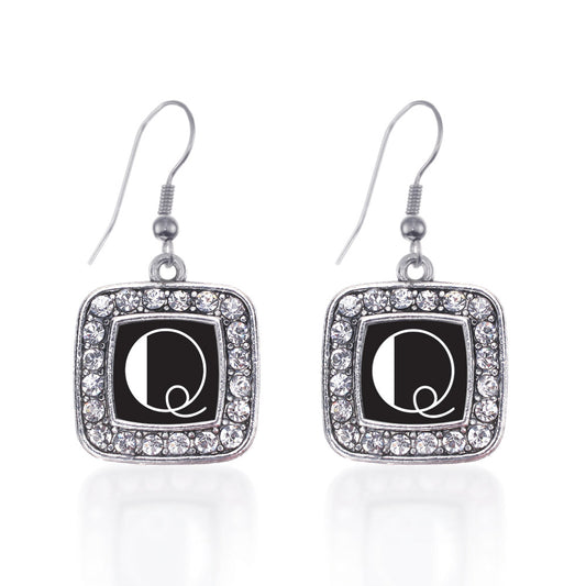 Silver My Vintage Initials - Letter Q Square Charm Dangle Earrings