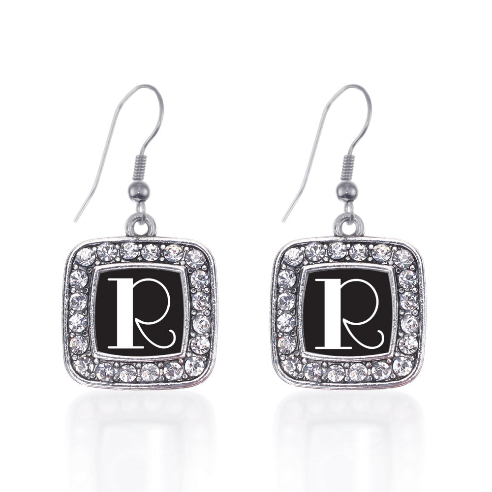 Silver My Vintage Initials - Letter R Square Charm Dangle Earrings