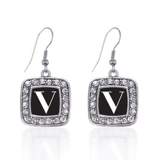 Silver My Vintage Initials - Letter V Square Charm Dangle Earrings