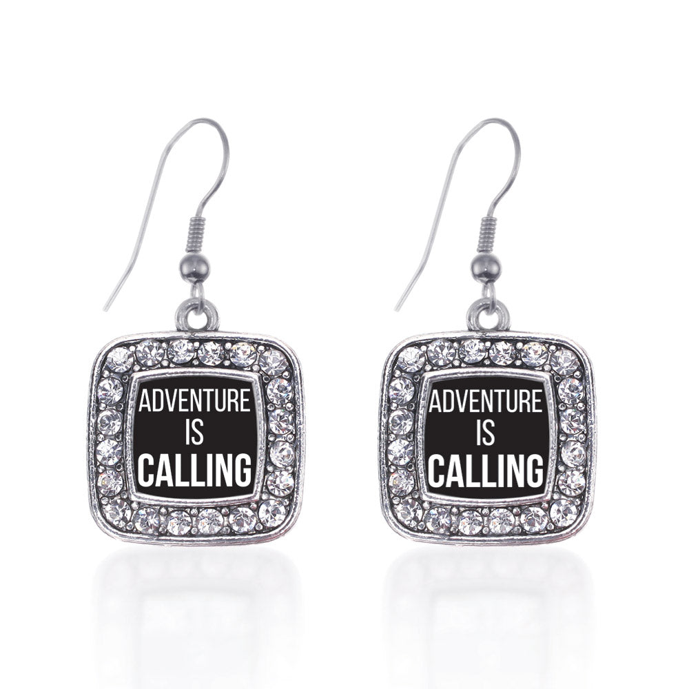 Silver Adventure Is Calling Square Charm Dangle Earrings