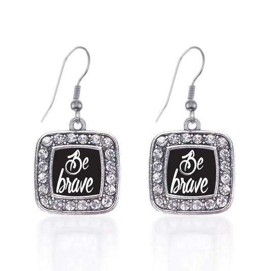 Silver Be Brave Square Charm Dangle Earrings