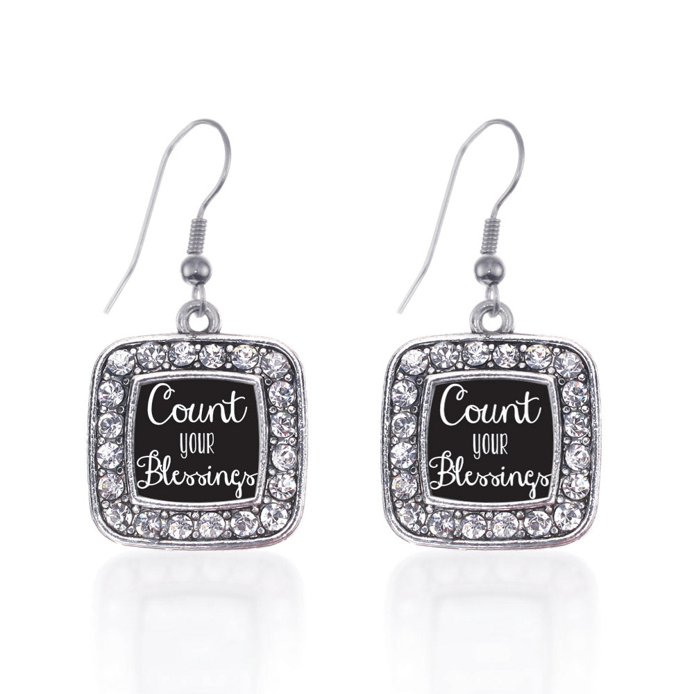 Silver Count Your Blessings Square Charm Dangle Earrings