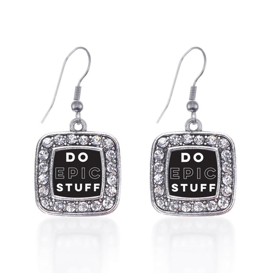 Silver Do Epic Stuff Square Charm Dangle Earrings