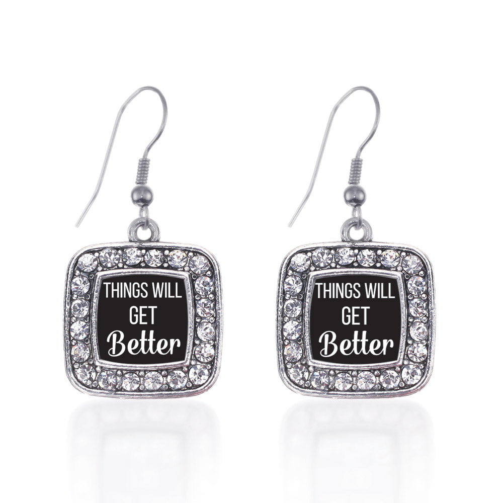 Silver Things Will Get Better Square Charm Dangle Earrings