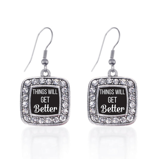 Silver Things Will Get Better Square Charm Dangle Earrings
