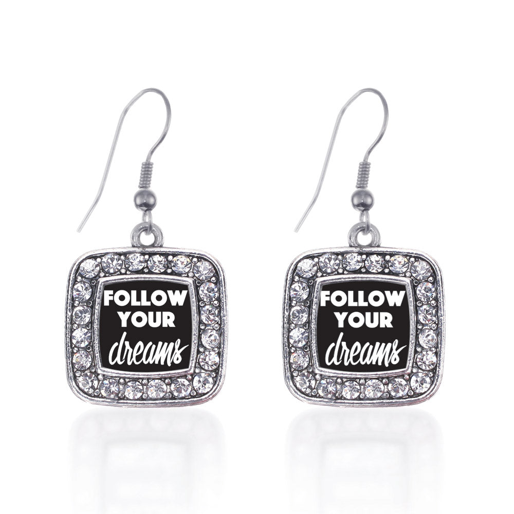 Silver Follow Your Dreams Square Charm Dangle Earrings