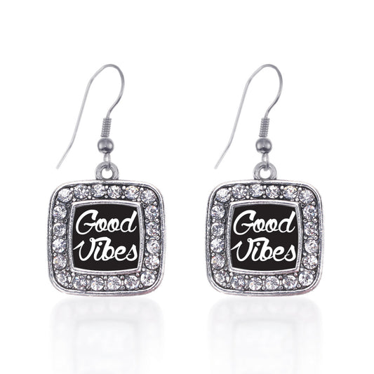 Silver Good Vibes Square Charm Dangle Earrings