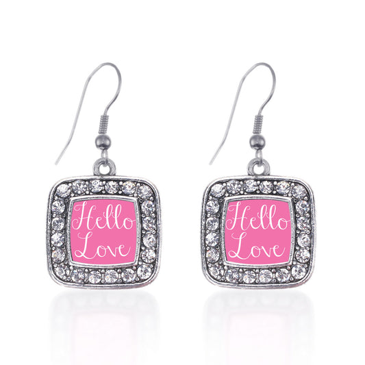 Silver Hello Love Square Charm Dangle Earrings