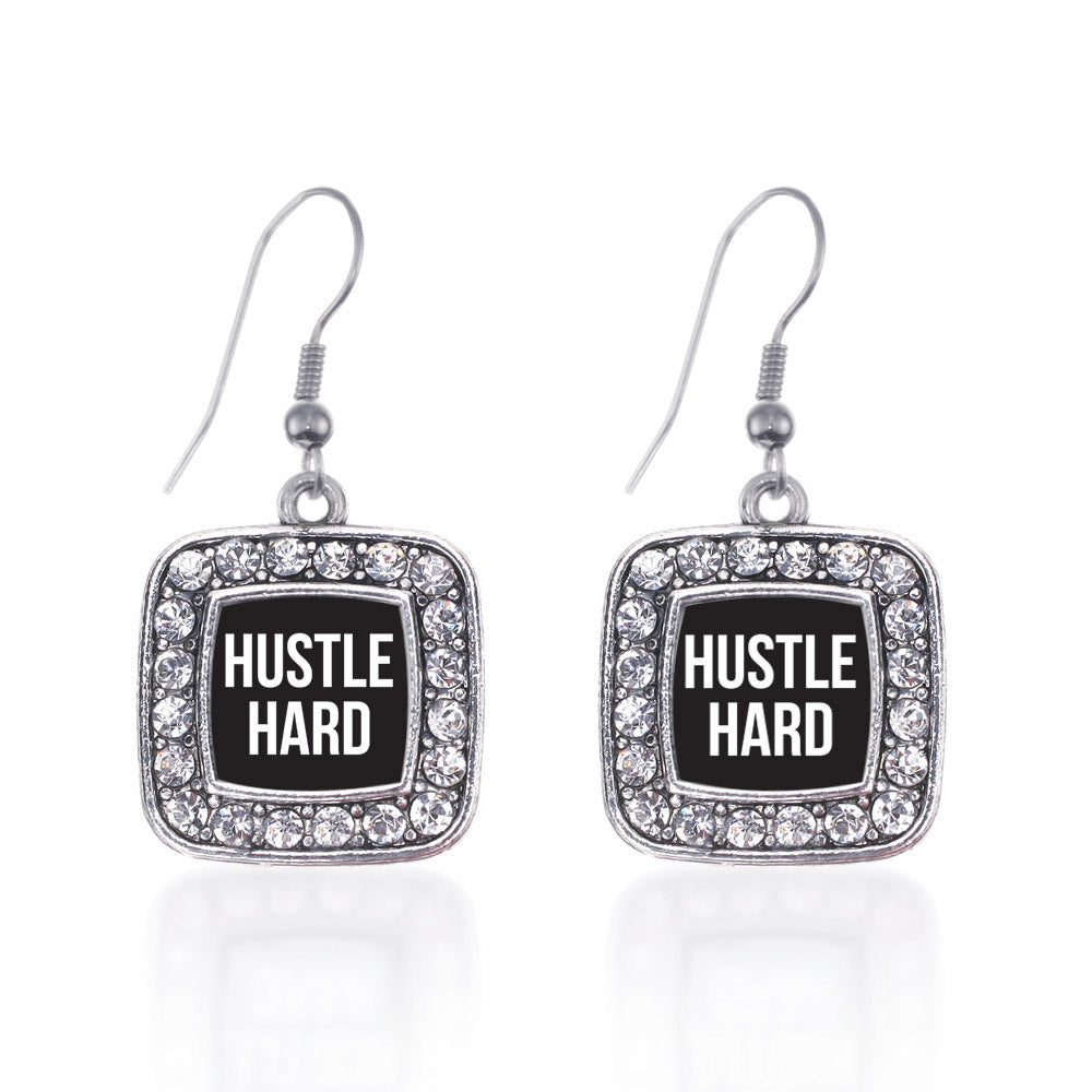 Silver Hustle Hard Square Charm Dangle Earrings