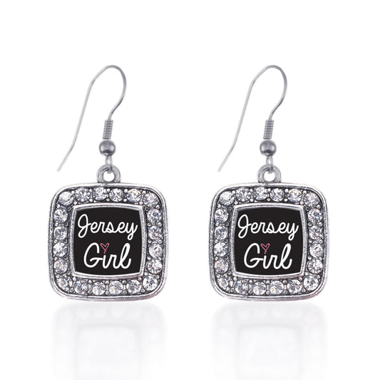 Silver Jersey Girl Square Charm Dangle Earrings