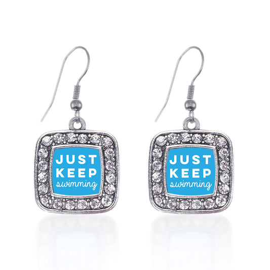 Silver Just Keep Swimming Square Charm Dangle Earrings