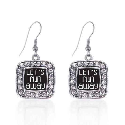 Silver Let's Run Away Square Charm Dangle Earrings