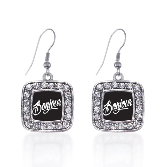 Silver Bonjour Square Charm Dangle Earrings