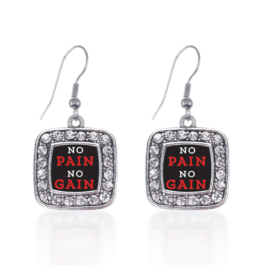 Silver No Pain No Gain Square Charm Dangle Earrings