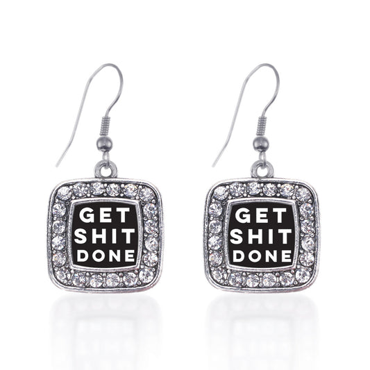 Silver Get Shit Done Square Charm Dangle Earrings