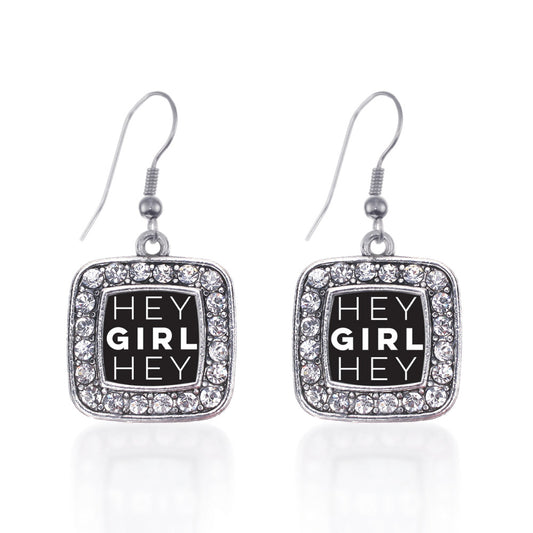 Silver Hey Girl Hey Square Charm Dangle Earrings