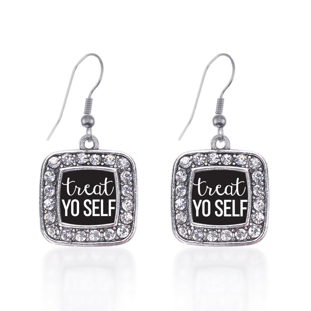 Silver Treat Yo-self Square Charm Dangle Earrings