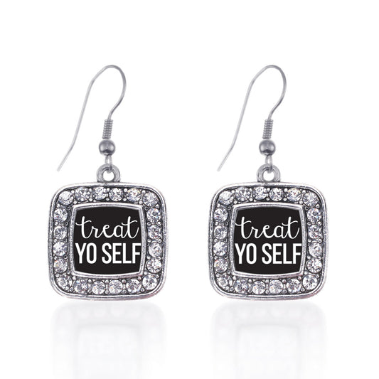 Silver Treat Yo-self Square Charm Dangle Earrings