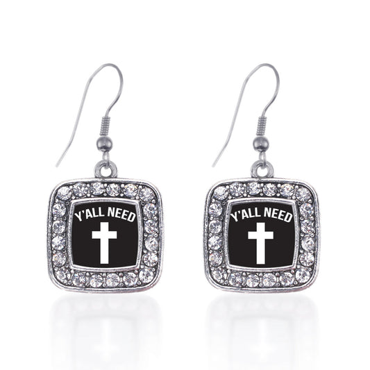 Silver Yall Need Jesus Square Charm Dangle Earrings