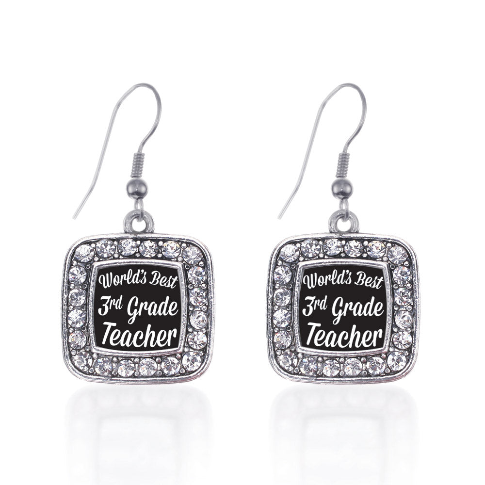 Silver World's Best 3rd Grade Teacher Square Charm Dangle Earrings