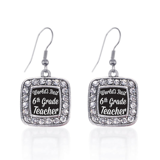 Silver World's Best 6th Grade Teacher Square Charm Dangle Earrings