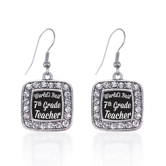 Silver World's Best 7th Grade Teacher Square Charm Dangle Earrings