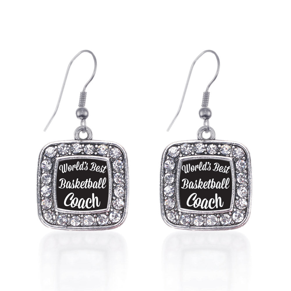 Silver World's Best Basketball Coach Square Charm Dangle Earrings