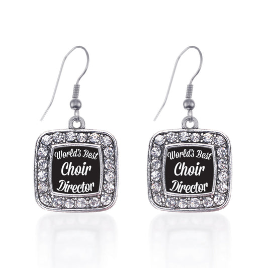 Silver World's Best Choir Director Square Charm Dangle Earrings