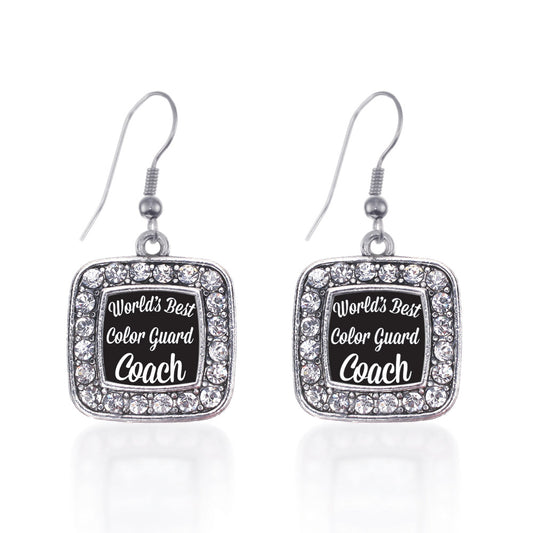 Silver World's Best Color Guard Coach Square Charm Dangle Earrings