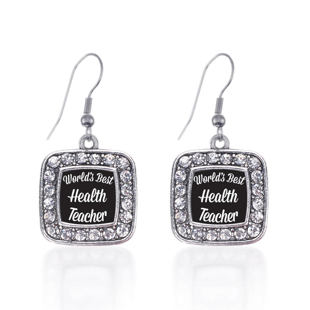 Silver World's Best Health Teacher Square Charm Dangle Earrings