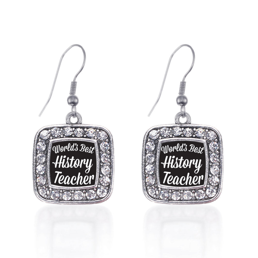 Silver World's Best History Teacher Square Charm Dangle Earrings