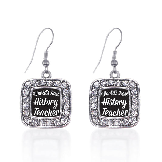 Silver World's Best History Teacher Square Charm Dangle Earrings