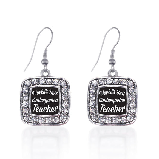 Silver World's Best Kindergarten Teacher Square Charm Dangle Earrings