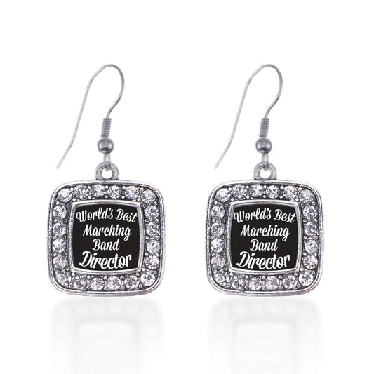 Silver World's Best Marching Band Director Square Charm Dangle Earrings