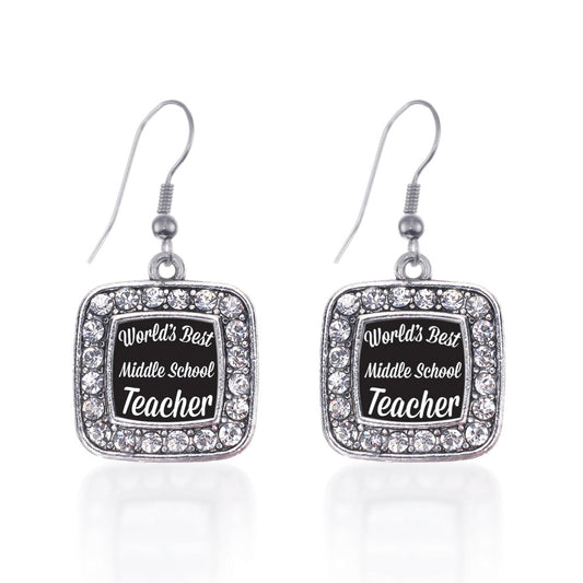 Silver World's Best Middle School Teacher Square Charm Dangle Earrings