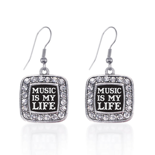 Silver Music Is My Life Square Charm Dangle Earrings