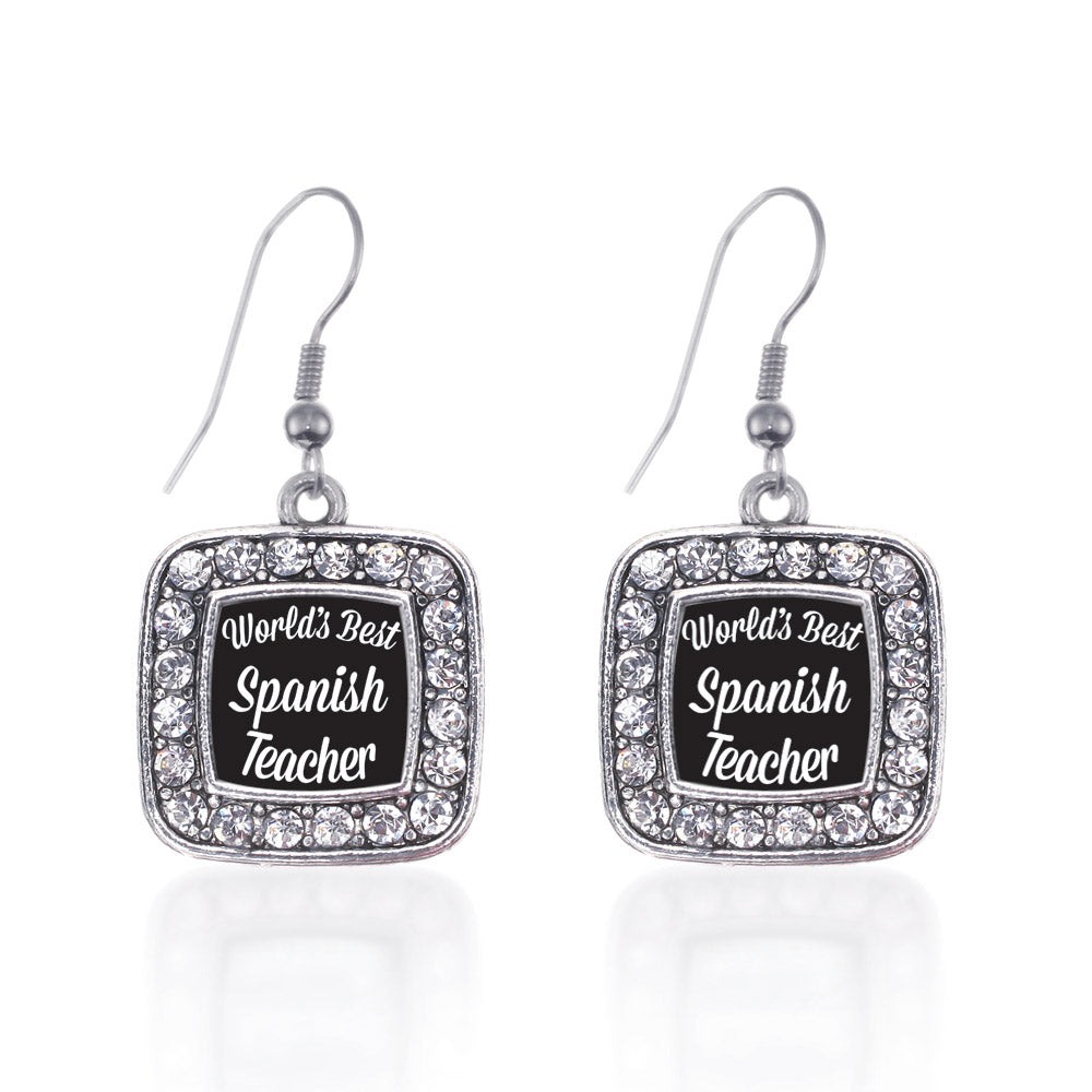 Silver World's Best Spanish Teacher Square Charm Dangle Earrings