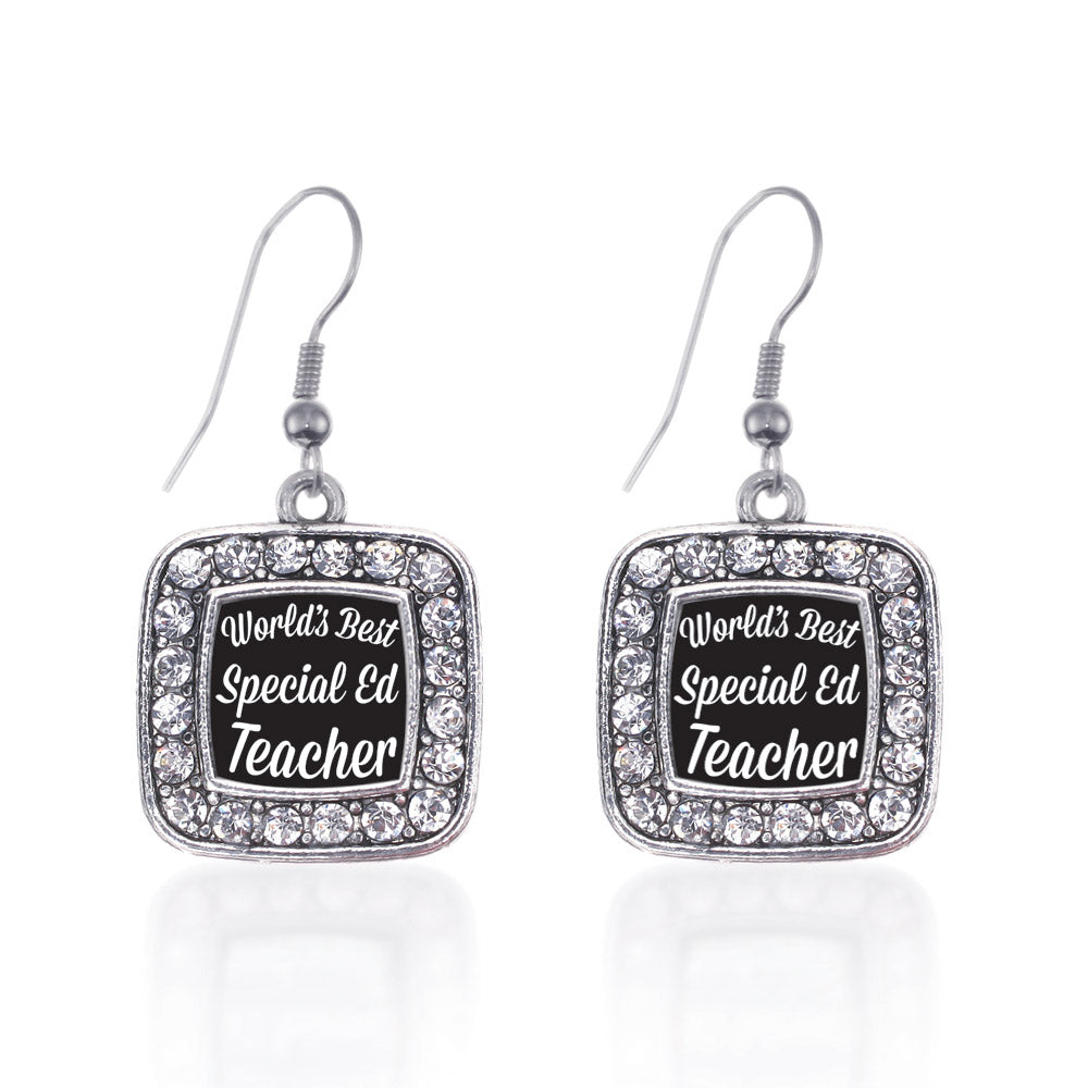 Silver World's Best Special Ed Teacher Square Charm Dangle Earrings