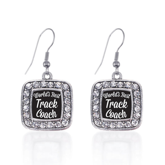 Silver World's Best Track Coach Square Charm Dangle Earrings