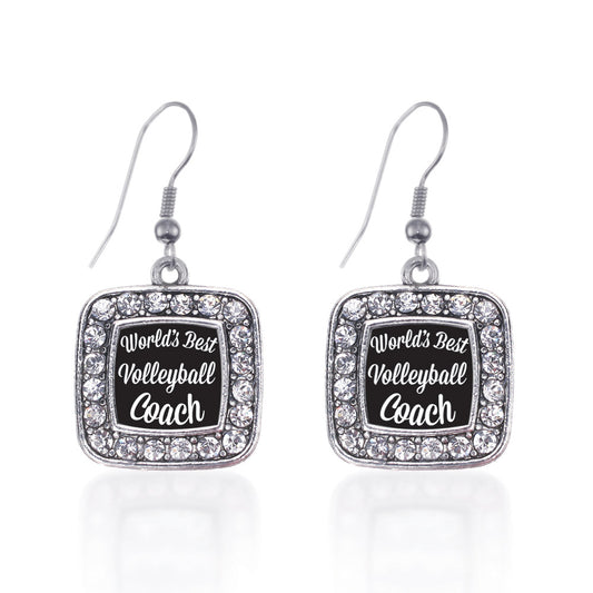 Silver World's Best Volleyball Coach Square Charm Dangle Earrings