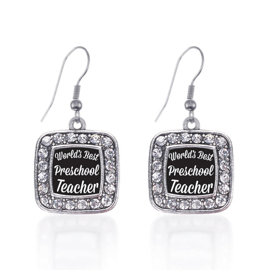 Silver World's Best Preschool Teacher Square Charm Dangle Earrings