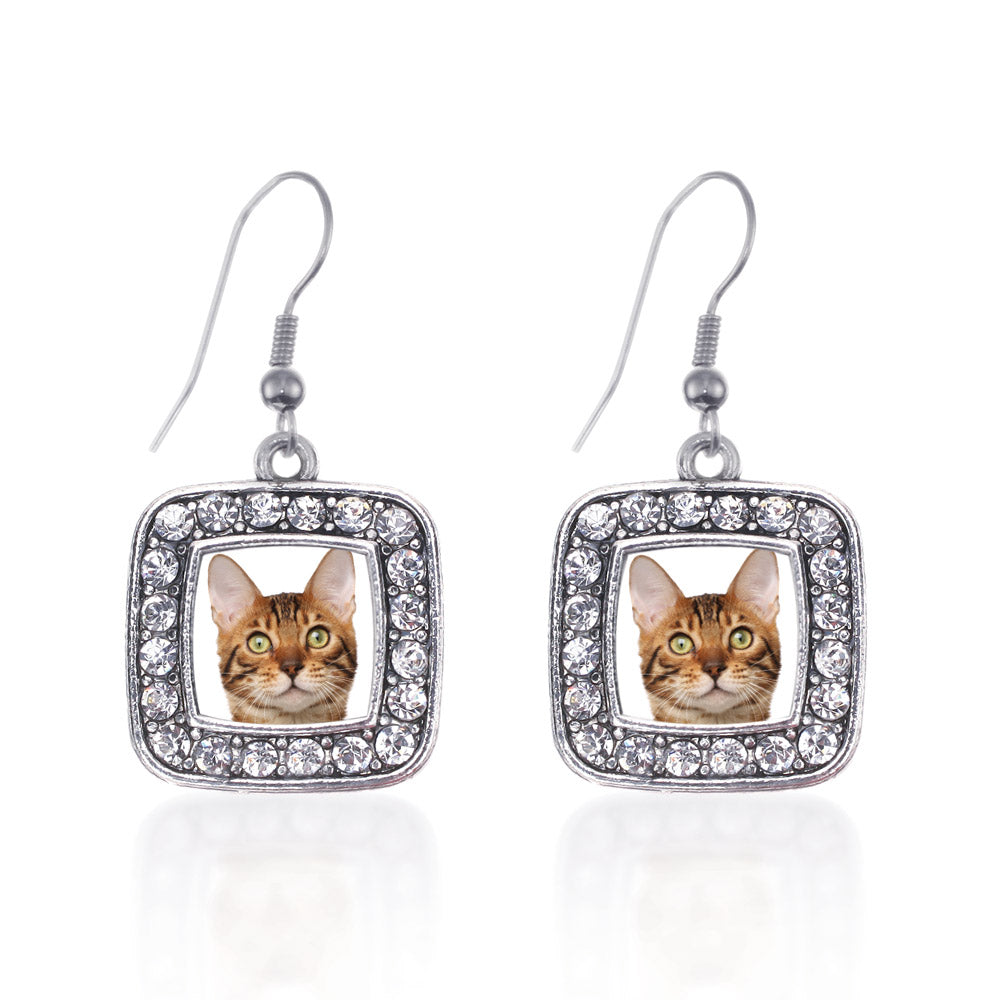 Silver Bengal Cat Square Charm Dangle Earrings