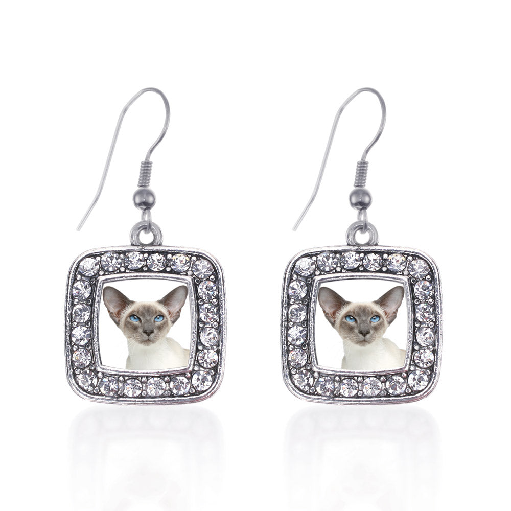 Silver Oriental Cat Square Charm Dangle Earrings