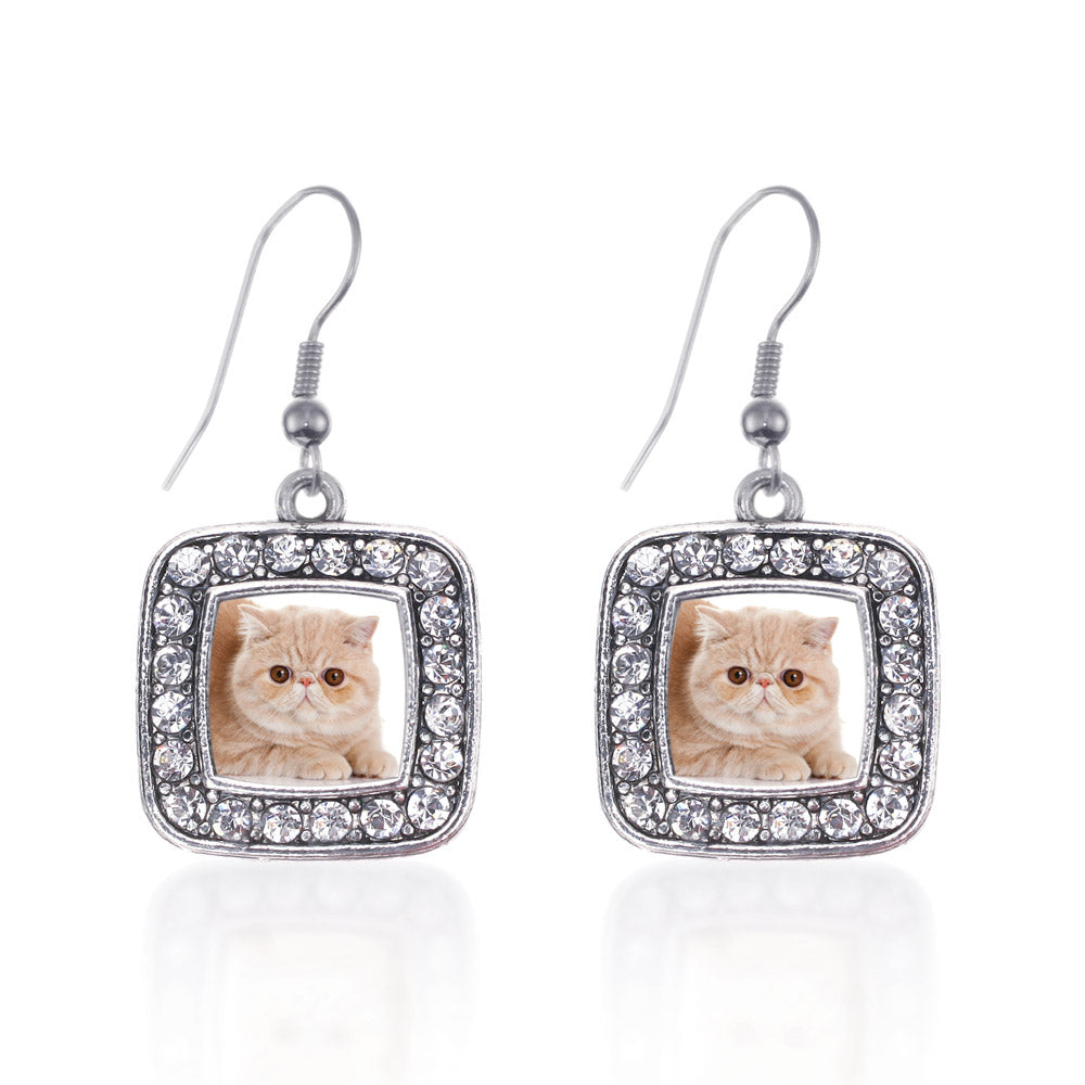 Silver Persian Cat Square Charm Dangle Earrings