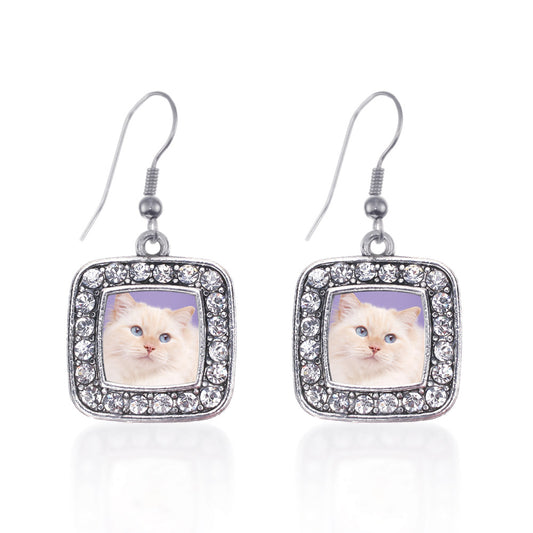 Silver Ragdoll Cat Square Charm Dangle Earrings
