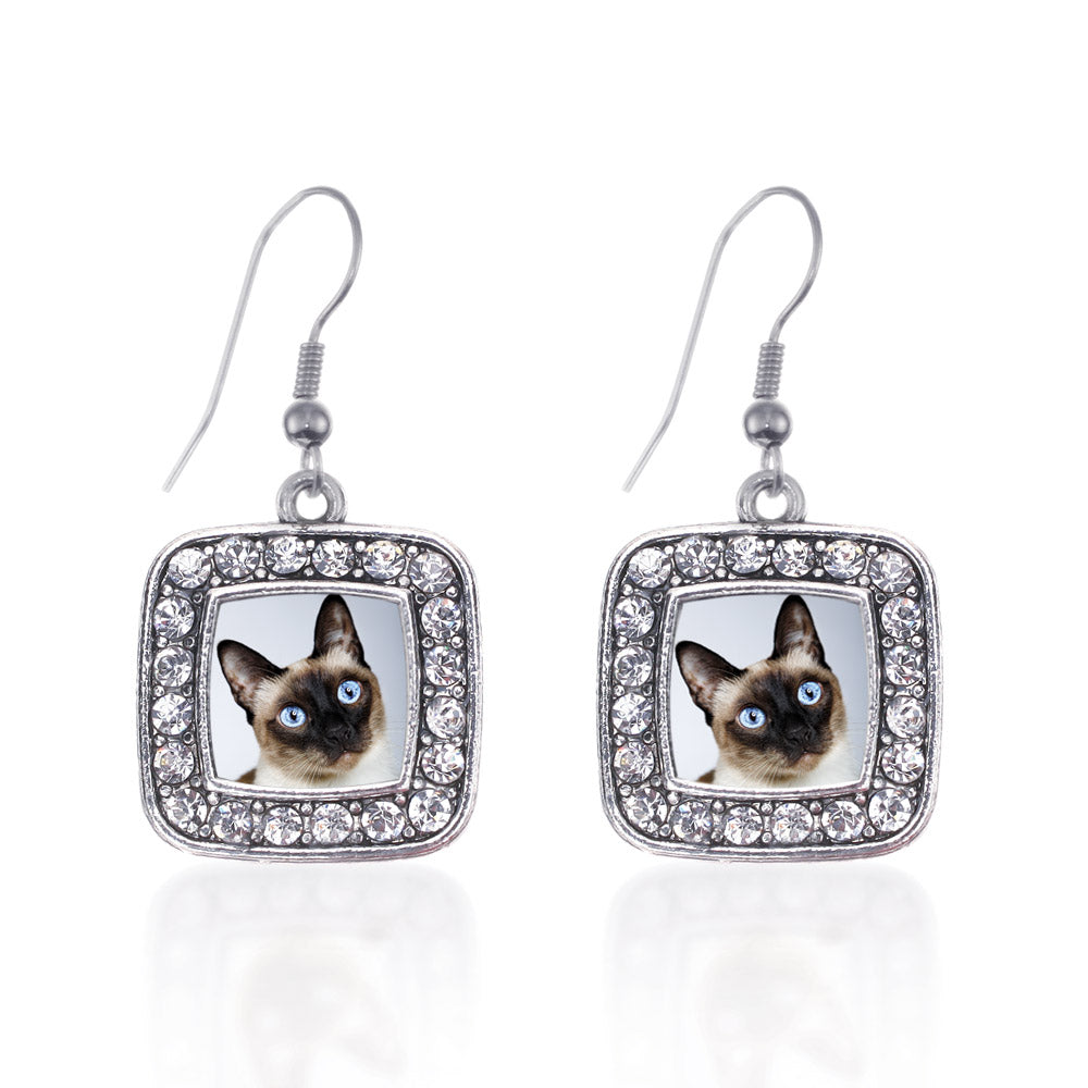 Silver Siamese Cat Square Charm Dangle Earrings